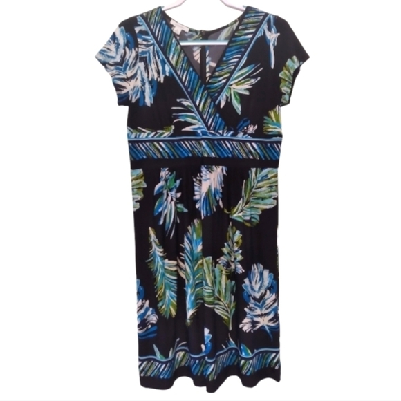Dressbarn Stretchy Colorful Leaf Print Mock Wrap Bust Midi Dress - Picture 2 of 7